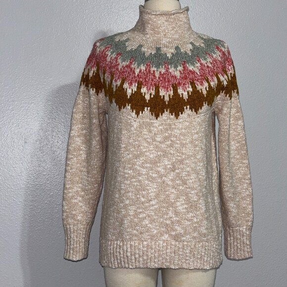 L.L. Bean Sweaters - L.L.Bean Fair Isle Turtleneck Sweater Petite S Cotton Nordic Winter Cream Knit